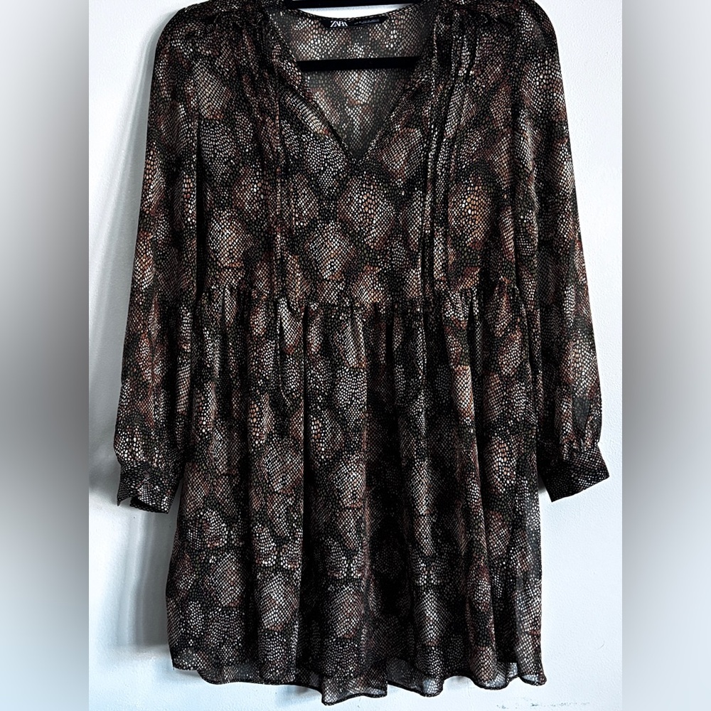 Zara chiffon dress,keyhole neckline, long sleeves lightweight XS